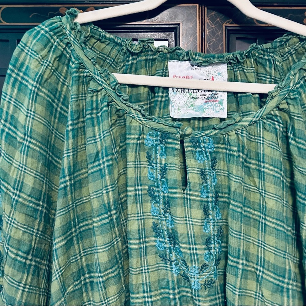 Perdian Chic Artisan Collection Green Cotton Plaid Embroirdered Top Size 26/28 - Picture 4 of 11
